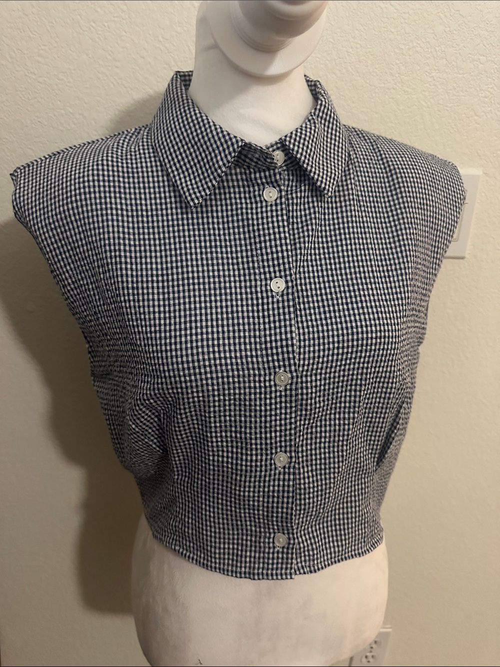 Shinestar Navy and White Gingham Sleeveless Button-Down Crop Top